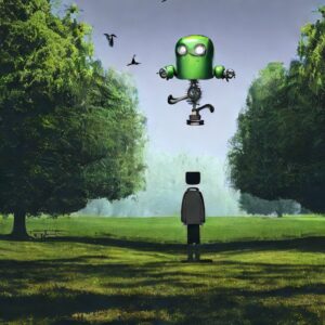 Stable Diffusion Playground: Show me a little robot in a green park that is looking to the sky, watching birds, in the style of Caspar David Friedrich